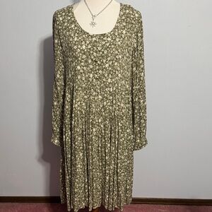 orange creek Olive Green and White Long-Sleeve Floral Midi Dress